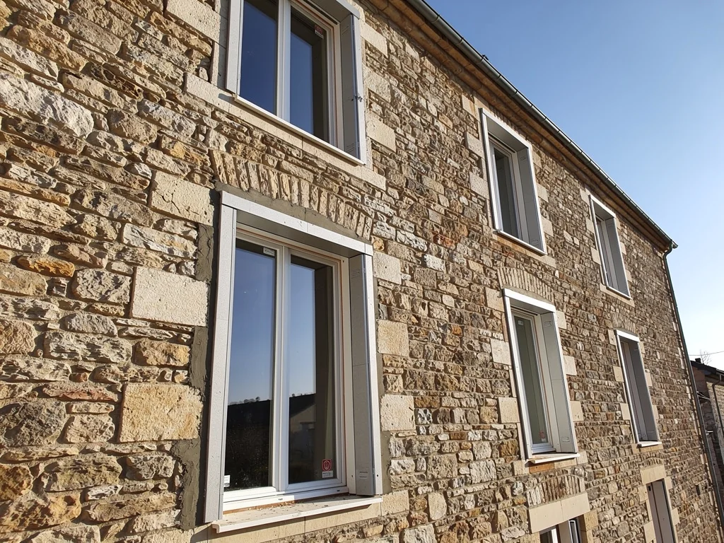 Remplacement de fenêtres sur une façade de maison en pierre